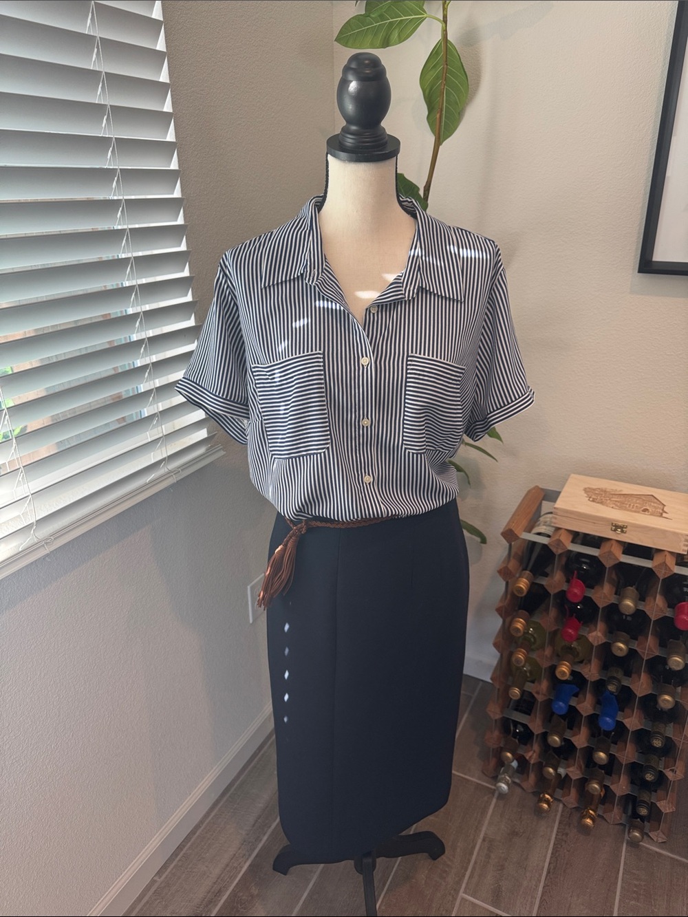 LOFT Navy & White Vertical Stripe Short Sleeve Blouse